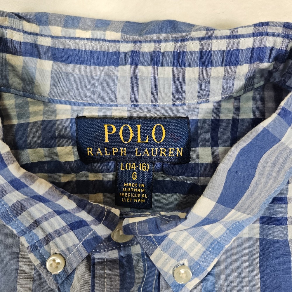 Polo Ralph Lauren Boys Performance Blue Plaid Shirt‎ Size L 14-16 Preppy Casual - Picture 3 of 7